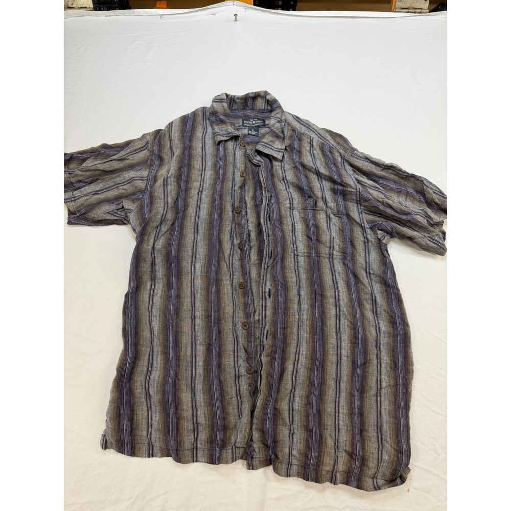 Moose Creek Mens Large 100% Linen Short Sleeve Striped Button Down Shirt Brown L